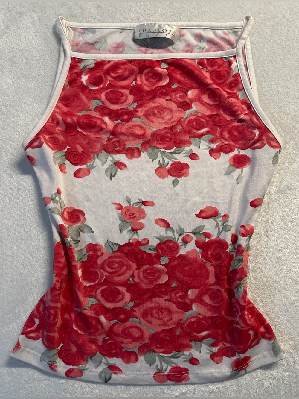 Y2K CHARLOTTE RUSSE women's white pink rose print slim sleeveless top, S.